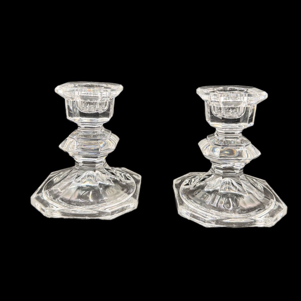 Candle Holder Clear Glass 3.5" Hexagonal Base Traditional Decor Set of 2